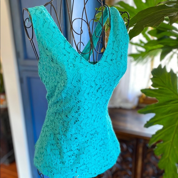 🦚 Nicole Miller Teal Lace Peplum V Neck Blouse S - Picture 4 of 7